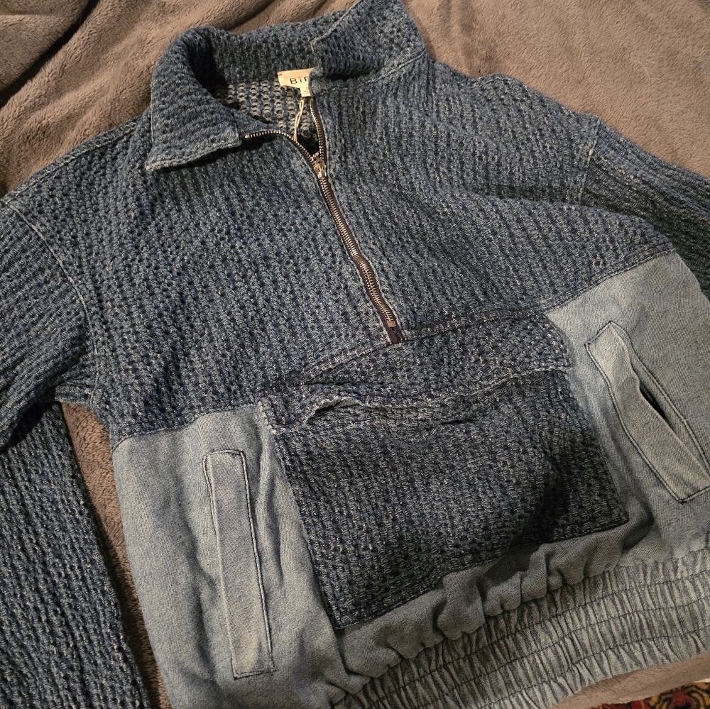 Blue Denim Textured Jacket with Pockets